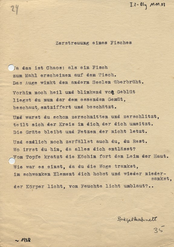 Typoskript des Gedichts "Zerstreuung eines Fisches"