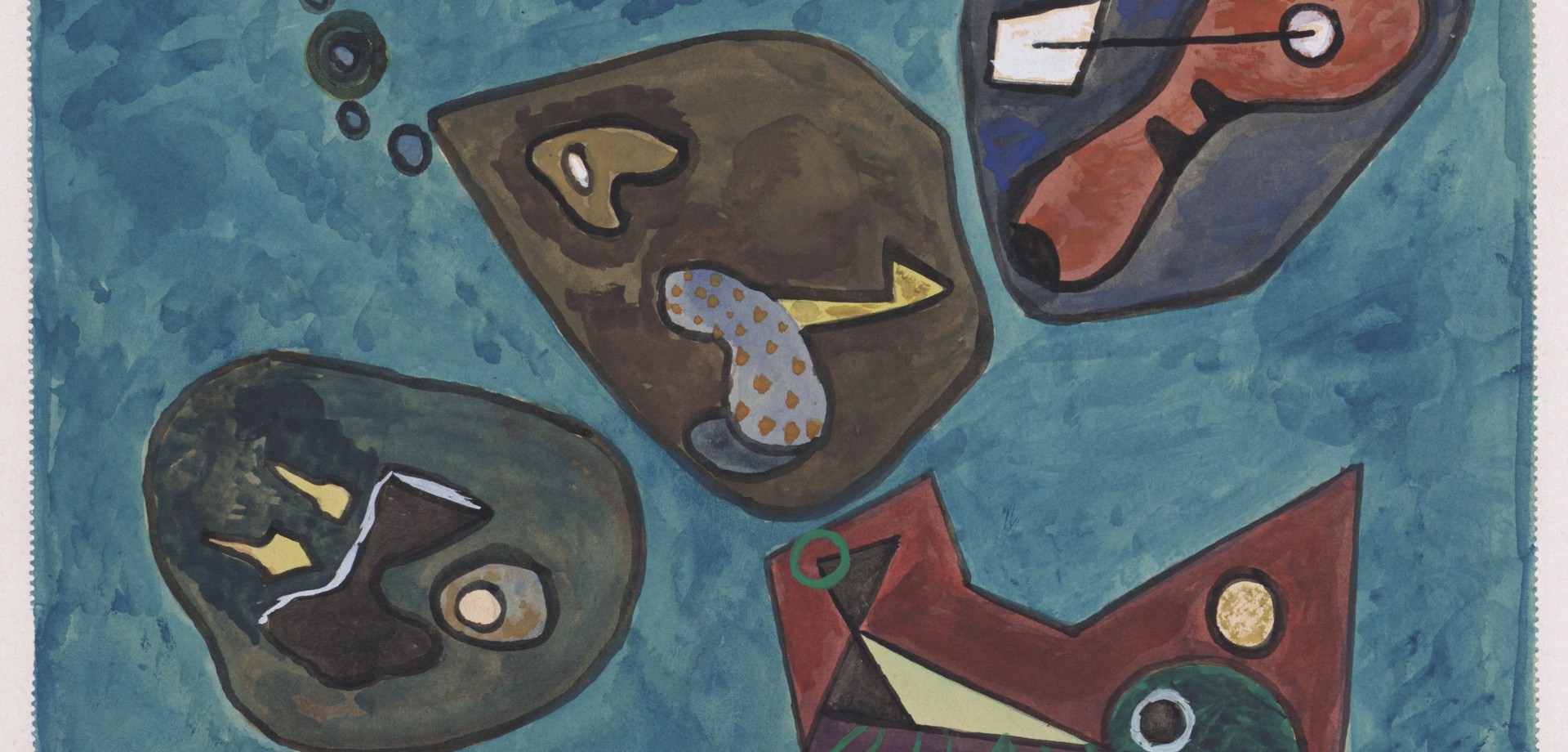 Bild von Ernst Meister ohne Titel aus dem Jahr 1955. Vier abstrakte Formkompositionen schwimmen auf einem blauen Hintergrund.