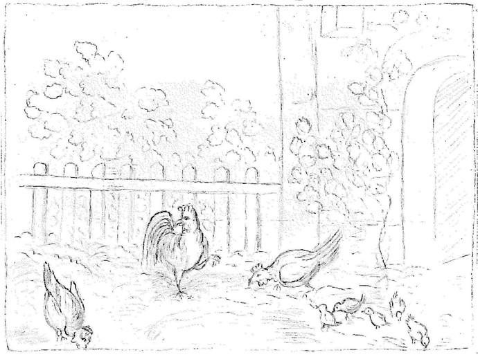 Drostes Zeichnung einer Hühnerfamilie