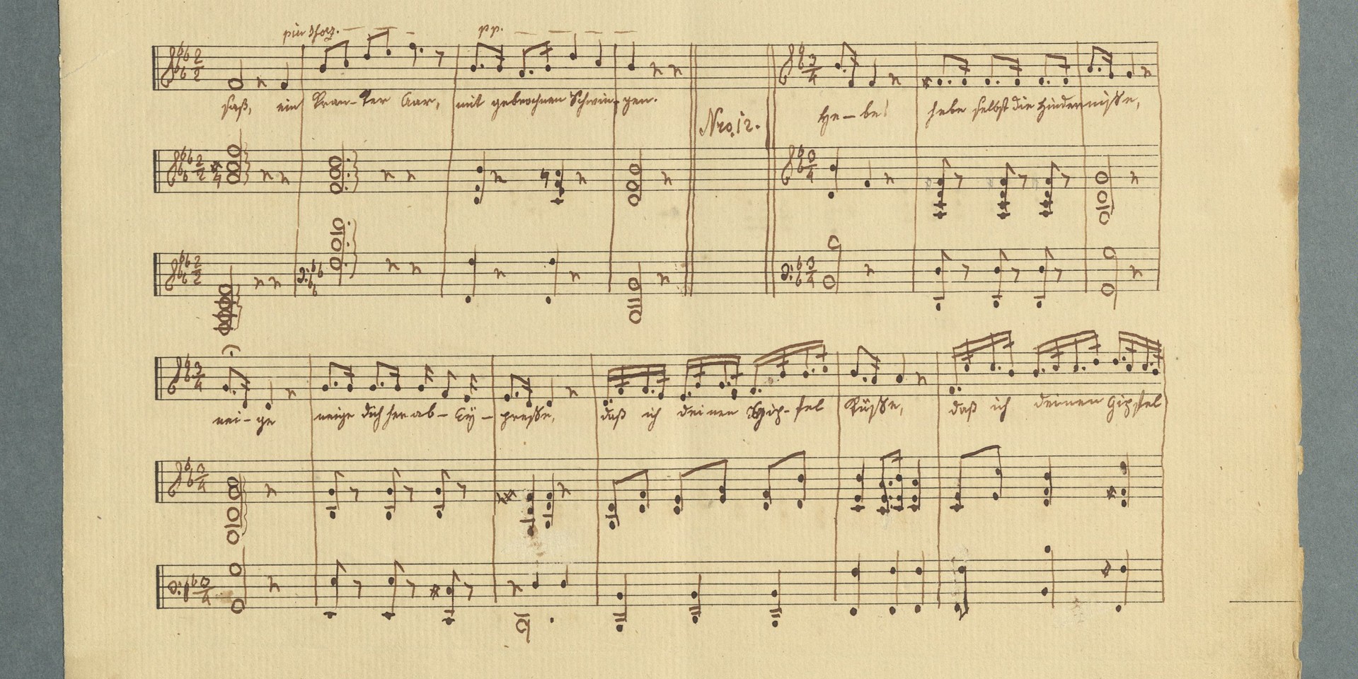 Liedblatt mit Drostes Handschrift zu "Der weiße Aar". Der Gedichttext ist unter den Noten platziert.