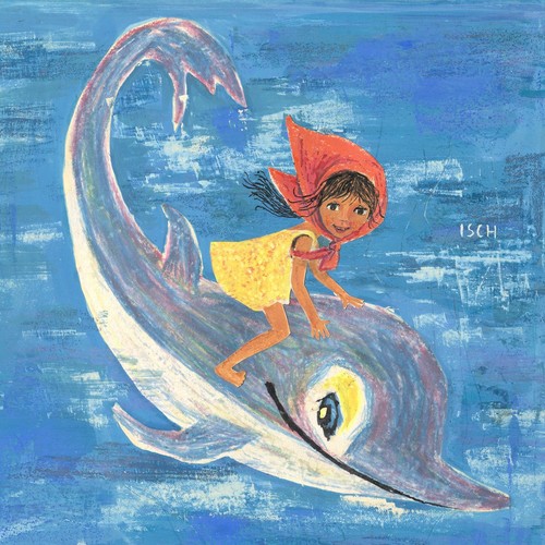 Gemälde eines Delfins, der ein Mädchen auf seinem Rücken trägt