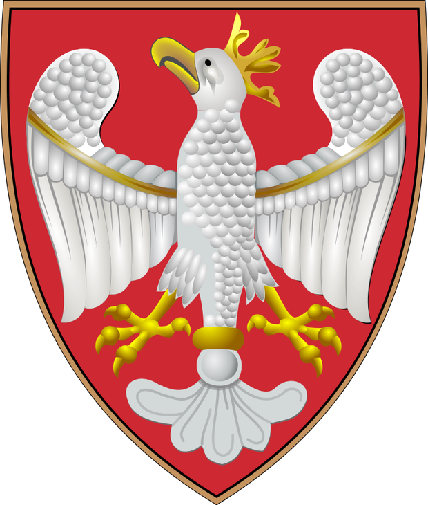 Das Wappen des Königreichs Polen: Weißer Adler auf rotem Grund.