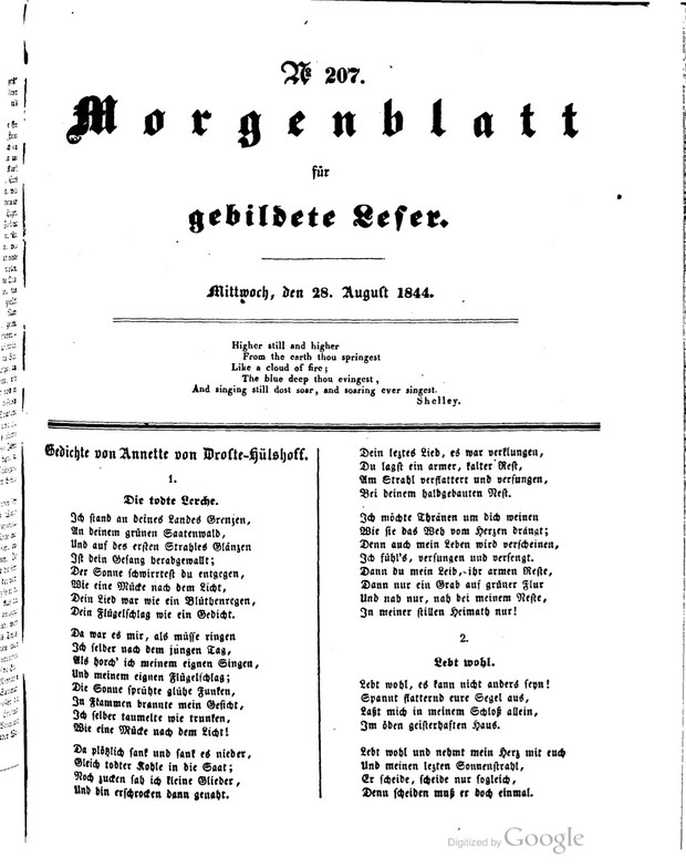 Drostes Gedicht in Cottas Morgenblatt