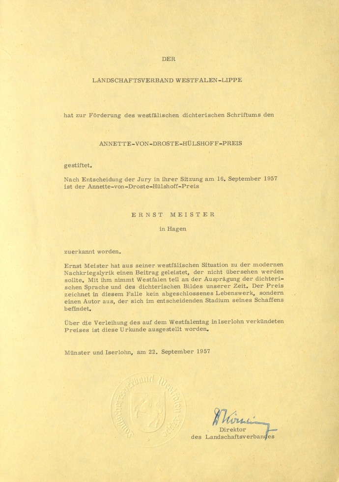 Verleihungsurkunde zum Droste-Preis 1957