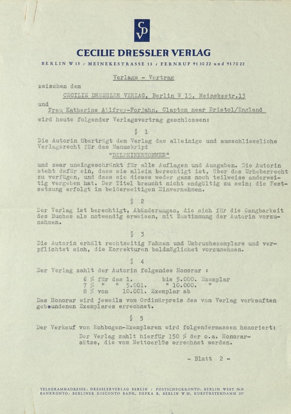 Verlagsvertrag mit dem Cecilie Dressler Verlag über Delphinensommer