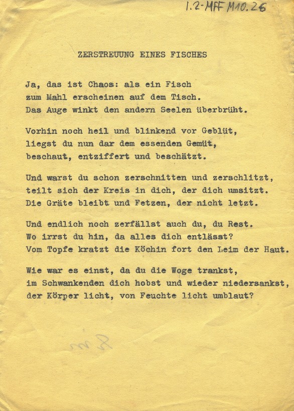 Aufgehelltes Typoskript des Gedichts "Zerstreuung eines Fisches"